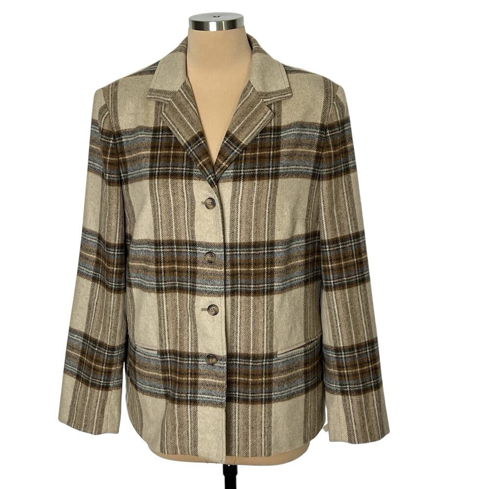 Evan Picone Blazer Jacket Women Size 12 Plaid Wool Blend Brown Career Casual Vtg